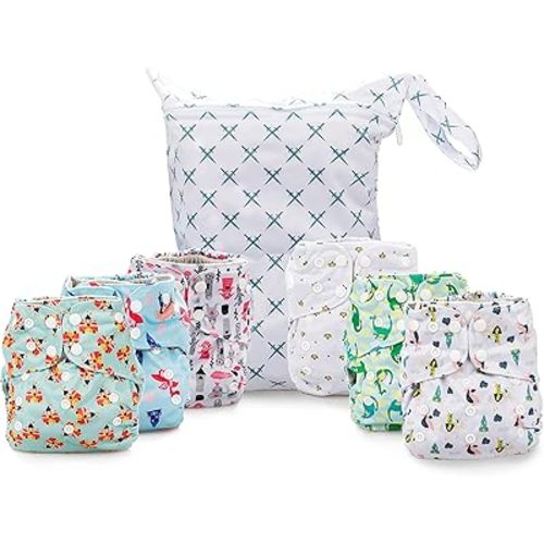 Simple Being Reusable Cloth Diapers, Double Gusset, One Size Adjustable, Washable Soft Absorbent, Waterproof Cover, Eco-Friendly Unisex Baby Girl Boy, six 4-Layers Microfiber Inserts (Knights Dragons)