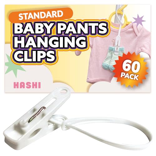 HASHI Baby Clothes & Pants Clips, Non-Slip Hanger Clips with Strong Grip, Space-Saving Organizer for Baby & Toddler Laundry, Closet, Socks, Stroller, Travel & Drying Rack (60, Standard)