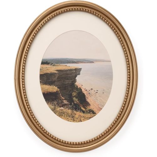 11x14 Decorative Oval Wooden Picture Frame, Distressed Champagne Gold Border and Inner Beads Trim, Matted to 8x10, Glass Front, Tabletop or Wall Mount Display