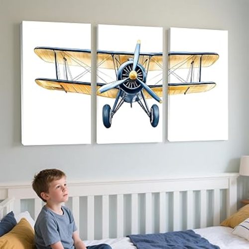 WithHope Set of 3 Pale Yellow Airplane Nursery Canvas Painting - Vintage Biplane Decor, Boy Nursery Decor, Kids Room Wall Art, Baby & Toddler Bedroom Home Decor for Boys` Rooms (24" x 36" x 3 pcs)