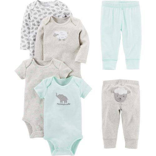 Simple Joys by Carter's Unisex Babies' 6-Piece Bodysuits (Short and Long Sleeve) and Pants Set, Grey/Mint Green/Elephant/Lamb, 3-6 Months
