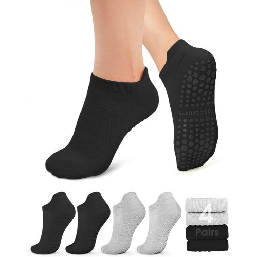Pilates Socks for Women Non Slip Grip Socks for Yoga, Barre, Hospital, Barefoot Grippy Yoga Sock Womens Gifts 4 Pairs