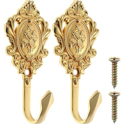 2-Pack Vintage Drapery Curtain Holdbacks Tieback Hooks Rose Pattern (Golden)