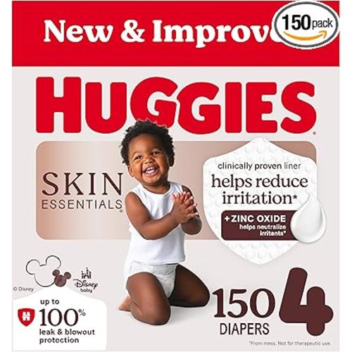 Huggies Size 4 Diapers, Skin Essentials Baby Diapers, Size 4 (22-37 lbs), 150 Count (6 Packs of 25), Packaging May Vary