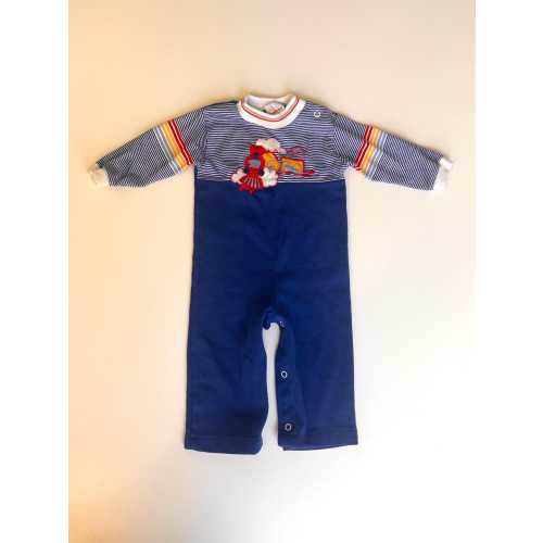 18mo- Vintage Healthtex Train Romper Jumper Pantsuit Vintage Train Striped Primary Color 80s Train Jumper Romper Toddler Outfit Made in USA