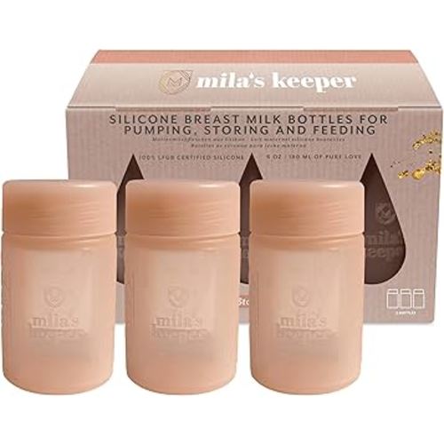 Mila's Keeper Premium Silicone Breast Milk Storage Bottles, for Pumping, Storing and Feeding, Fits Leading Pumps and Nipples, 6 oz Silicone Milk Storage Containers, Wide Neck Pink Sands, Set of 3