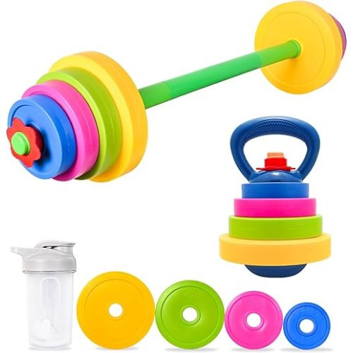 3-in-1 Kids Fitness Set with Adjustable Barbell, Kettlebell & Reusable Water Bottle – Kids Gym Equipment for Pretend Play Exercise, Fun Fitness Toys for Boys & Girls Home Workout