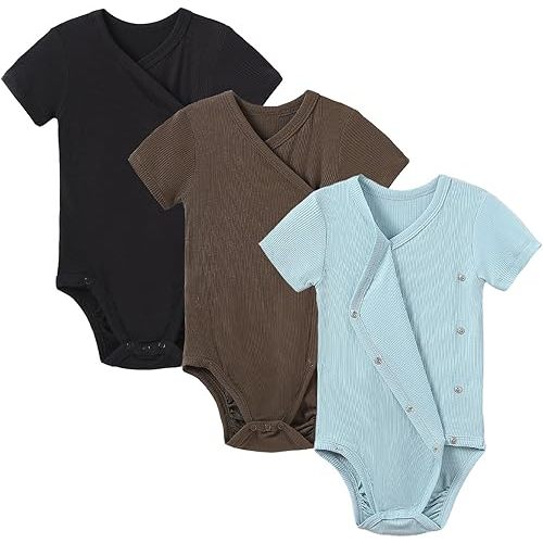 DEFAHN Viscose from Bamboo Baby Side Snap Bodysuit Kimono Onsies 3-Pack Long Short Sleeve Boy Girl Boys