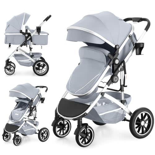 EROMMY 6-in-1 Baby Stroller with Bassinet, Convertible Infant Stroller with Adjustable Backrest & Canopy, Foldable Pushchair with Reversible Seat and Cover for Newborn 0-36 Months (Gray)