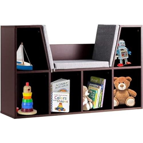HONEY JOY Reading Nook Organizer with Seat Cushion, Kids Bookcase with Reading Nook, 6-Cubby Wooden Corner Storage Shelf Book Nook for Playroom Bedroom Decor (Brown)