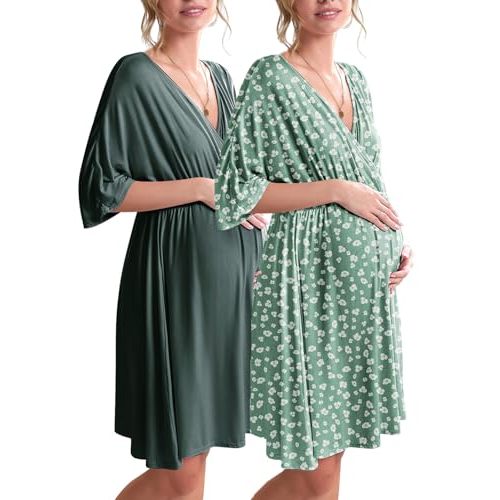 Ekouaer 3 in 1 Labor/Delivery/Hospital Gown 2 Pack Maternity Dress Nursing Nightgown Sleepwear
