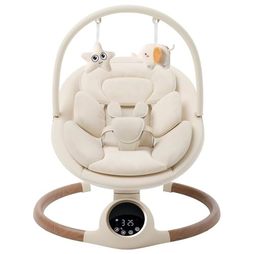Baby Swing for Infants with 5 Point Harness, 5 Speeds Infant Swing with Soft Cushion, 10 Songs and Bluetooth Music for Newborn, Remote Control & Touch Panel Use, Beige