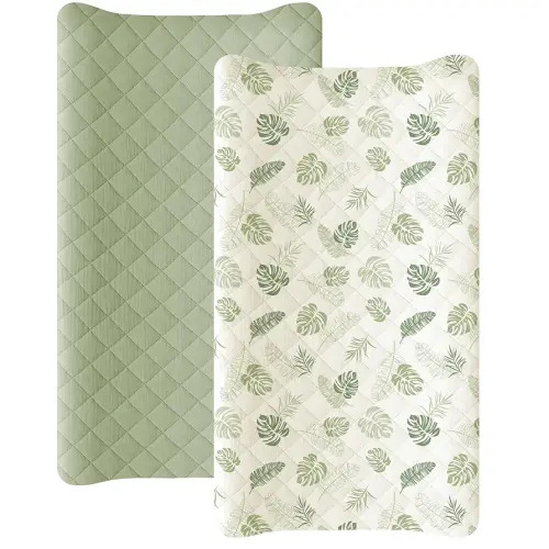 Konssy Waterproof Muslin Changing Pad Cover 2 Pack, Quilted Cotton Fitted Diaper Changing Table Cover, Soft Changing Pad Sheets for Girls Boys (Palm Paradise,Sage)