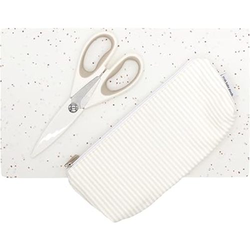 Yeah Baby Goods Toddler Restaurant Essentials Kit – Stripes Baby Feeding Set w/Food Scissors, Silicone Placemat & Wipeable Zipper Tote