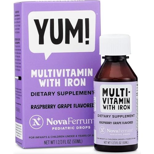 NovaFerrum Yum | Multivitamin with Iron for Infants, Toddlers & Kids Ages 4 & Under | Immune Support | Gluten Free Certified | Sugar Free | Raspberry Grape | 50 Servings