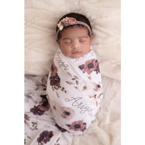 Demis Dusty Purple Floral Personalized Baby Name Swaddle