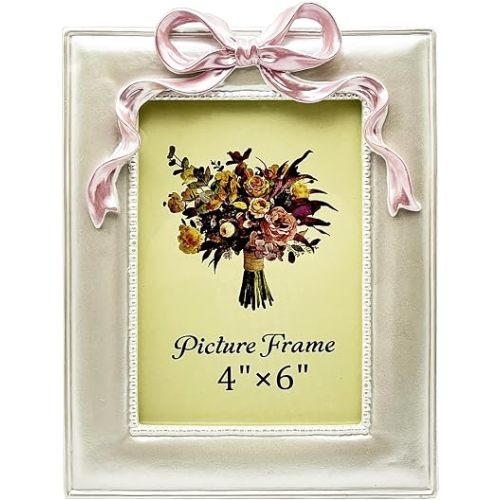 JANDERART 4x6 Pink Bow Picture Frame, Cute Photo Frame, Pearly White