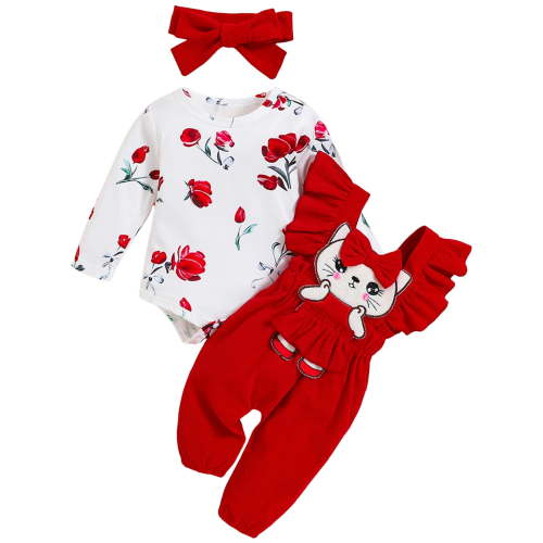 Karoyedx Fall Baby Girl Clothes Baby Girl Clothes Fall Winter Outfit Infant Girl Long Sleeve Ruffle Romper One Piece Jumpsuit with Headband Red Size,0-3 Months
