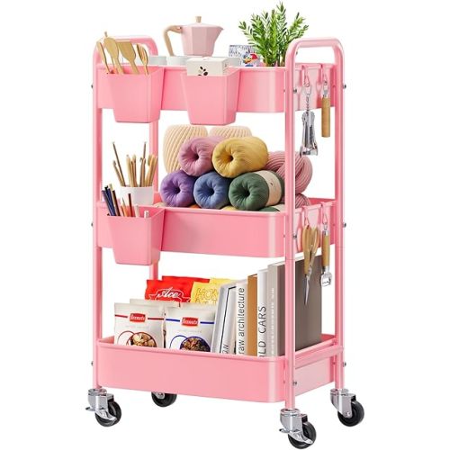3 Tier Rolling Cart Metal with Lockable Wheels, Pink Three Tiered Diaper Caddy Cart Organizer on Wheels, Storage Utility Trolley Carts for Craft, Art, Nail, Lash, Baby Supplies, Cleaning, Mesh