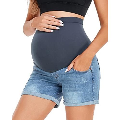 HOFISH Women's Maternity Denim Shorts Over The Belly Stretchy Comfy Jean Shorts Pants Casual Workout Pregnancy Shorts