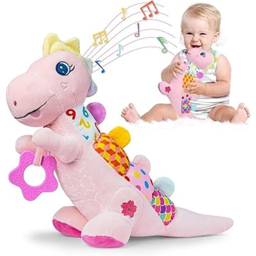 Baby Dino Musical Stuffed Animal Toys for 0-3-6-9-12 Months，Infant Dinosaur Tummy Time Toys with Crinkle Sound Paper，Teether，Textures & Rattles for Newborn Boys Girls Birthday Gifts，Pink