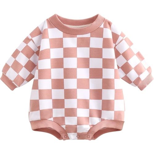 Bafeicao Baby Boy Girl Checkerboard Sweatshirt Romper Organic Cotton Checkered Bubble Romper Oversized Long Sleeve