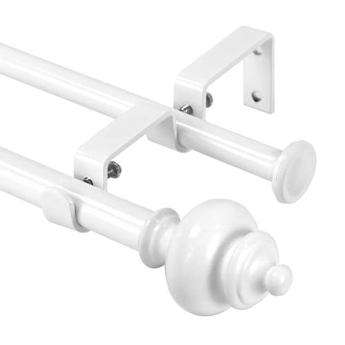 Urbanest Adjustable Double Curtain Rod Set Metal with Decorative Round Urn Finials, Heavy-Duty, 48"-84", White