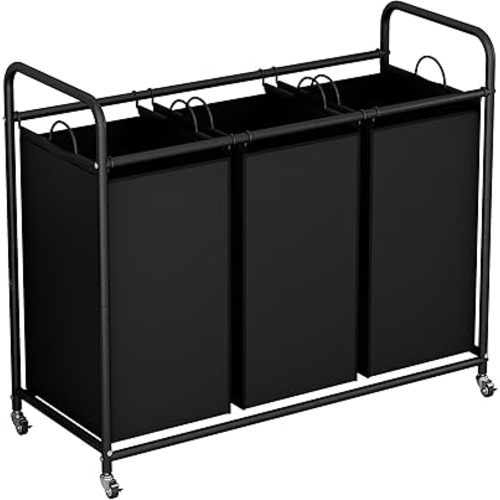 LINZINAR 3-Bag Laundry Basket, Black Laundry Hamper, 35.6 Gal(135 L) Laundry Sorter Cart Laundry Room Organization with Heavy Duty Rolling Lockable Wheels and Removable Bags