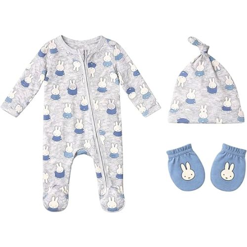 Miffy Baby Boys’ 3-Piece Ultra-Soft Footed Coverall, Beanie & Mitten Sets