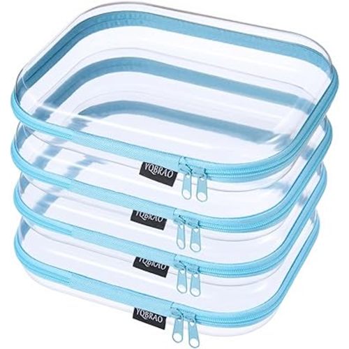 YQBRA 4 Pack Clear Hard Shell Zipper Case, See-Through Hard Plastic Organizer Pouches with Zipper for Travel, Toiletries, Makeup, Toy, Electronics & Pencils - Crush-Resistant Storage (M Blue)