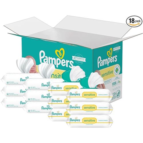 Pampers Sensitive Baby Wipes, Water Based, Hypoallergenic and Unscented, 18 Flip-Top Packs (1008 Wipes Total) [Packaging May Vary]