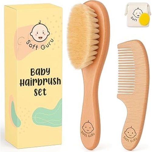 Baby Hair Brush and Comb Set for Girls and Boys – Wooden Infant Hairbrush with Soft Bristles for Newborns, Toddlers & Cradle Cap Care