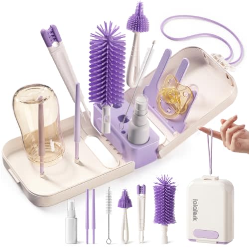 lalalark 7-in-1 Portable Baby Bottle Brush Kit, Silicone Cleaner, Purple | Food-grade BPA-free washing essentials feature a double-sided scrubber, teat tool, detergent pump, drain stand and carry box.