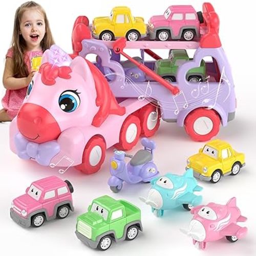 newcrave Toys for 1 2 3 Year Old Girl, 7-in-1 Carrier Truck with Light & Music, Toddler Girl Toys Age 1-3 2-4, 1 + 2 + 3 Year Old Girls Birthday Gifts Christmas Easter