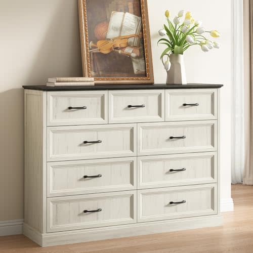 Farmhouse 9 Drawer Dresser for Bedroom, 55 Inch Wide Modern White Dresser TV Stand with Large Drawers & Bar Handles, Rustic Wood Chest of Drawers for Bedroom, Living Room, Hallway, Entryway.