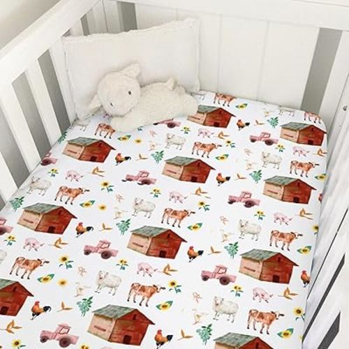 Watercolor Farm Animals Baby Crib Sheet 52''x28'' Farmhouse Barn Chicken Pig Duck Tractor Fitted Crib Mattress Sheet Covers for Boy Girl Baby Nursery Bed Sheets for Standard Crib Mattress