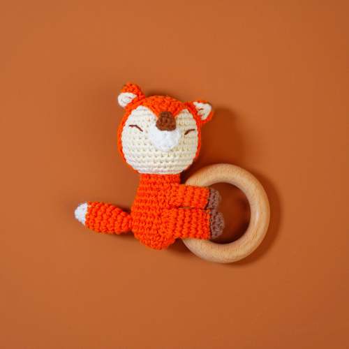 Baby Rattle Shaker Fox Toy with Wooden Teething Ring