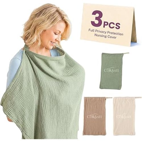 3 Pack Breathable Nursing Cover Up, Breastfeeding Essentials Chest Privacy Cloth Soft Cotton Lightweight Professional Apron Women New Mom Baby Shower Gift (Green Camel Khaki)