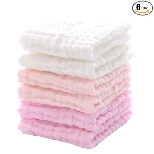 MUKIN Baby Washcloths and Burp Cloths, Soft Absorbent Towels for Newborns, 6 Pack, 12x12 Inches (Pink)