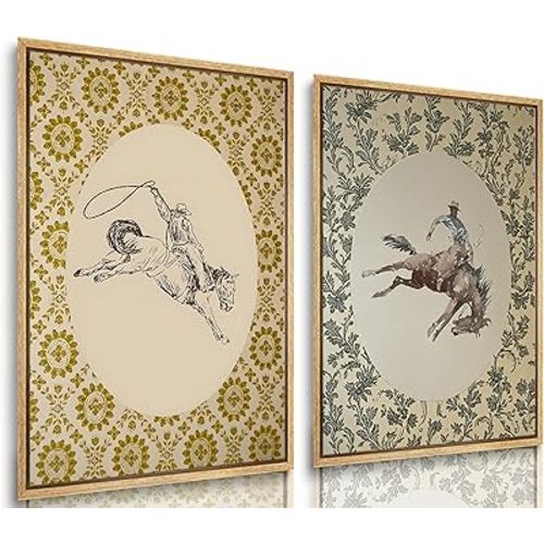 2Pcs Western Cowboy Canvas Wall Art Western Country Posters Prints Bohemian Style Cowboy Paintings Mid-Century Western Retro Pictures Wall Decor for Bedroom Bathroom Living room Decor Unframed