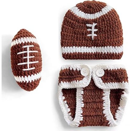 Baby Photography Outfits Crochet Knitted Football Player Outfit for Newborn Boy Girl, Newborn Photo Props Sports Costume, Handmade Crochet Football Hat & Diaper Cover Set for Baby Photoshoot