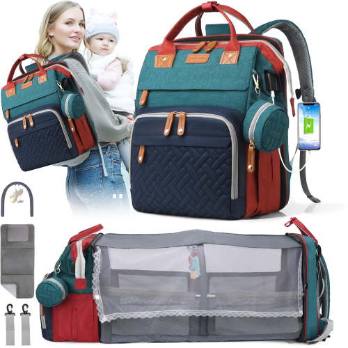 Morfone Diaper Bag Backpack with Changing Station, WaterproofLarge Capacity Baby Bag with USB Charging Port & Pacifier Case - Unisex, Colorful