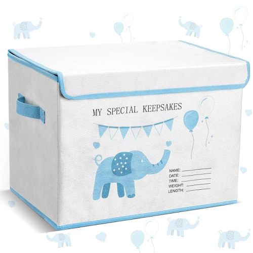 LemonRoad 16x12x12inch Baby Memories Keepsake Box Baby Shower Elephant First Keepsake Box New Parent Newborn Baptismal Birthday Gift for Mementos Travel Loved Ones Treasured Keepsakes(Blue)