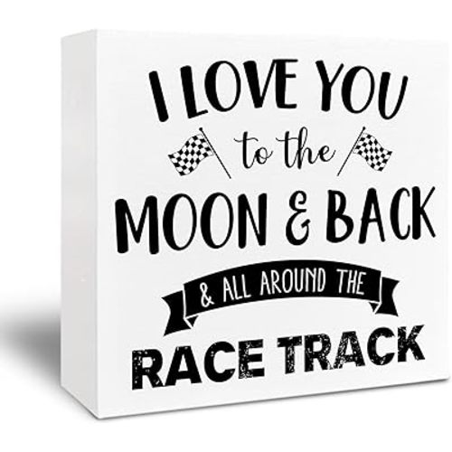 Race Track Wooden Sign - Nursery Boy Room Decor, Farmhouse I Love You to the Moon and Back Racing Wooden Box Signs for Boys Room Shelf Table 5x5 Inch