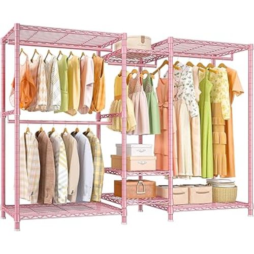 Raybee Clothes Rack Heavy Duty Clothing Racks for Hanging Clothes Adjustable Wardrobe Closet Hanging Clothes Rack Garment Rack, Pink, 13.9" D x 70.6" W x 77" H