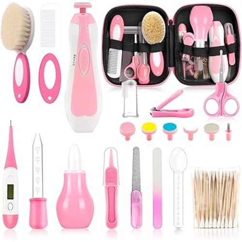 Infant Grooming Essentials: Electric Safety Nail Trimmer, Nasal Aspirator, Hair Brush, Comb, Nail Clipper (27 Piece Safety Care Set for Newborns - Pink)