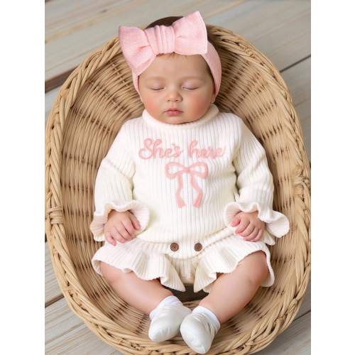 2pcs Newborn Baby "She's Here" Bow Embroidery Knitted & Headband Set, Infant Photography Prop & Christening Outfit