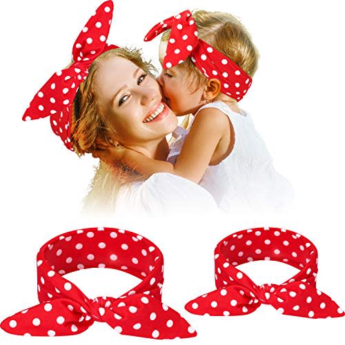 WILLBOND Parent Baby Girl Turban Headband 2 Pcs Girl Red Black Plaid Headbands with Bow for Mom Baby Mother's Day