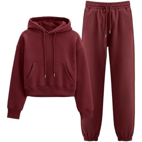 Flygo Womens Fleece 2 Piece Outfits Sweatsuit Crop Pullover Sweatshirt Joggers Pants Tracksuit Set