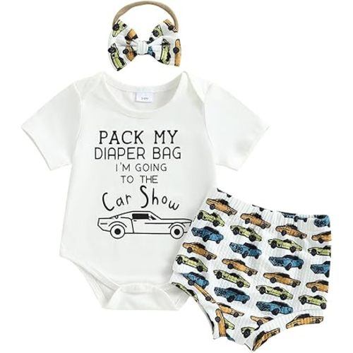 Muasaaluxi Newborn Baby Girl Summer Clothes Short Sleeve Letter Print Romper Car/Western Patterns Shorts Headband Set 0-18M